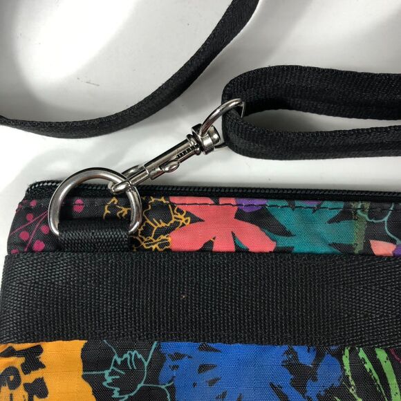 Vibrant LeSportsac Crossbody Pouch Bag Black Floral Multi-Zip Travel Shoulder - Picture 4 of 10